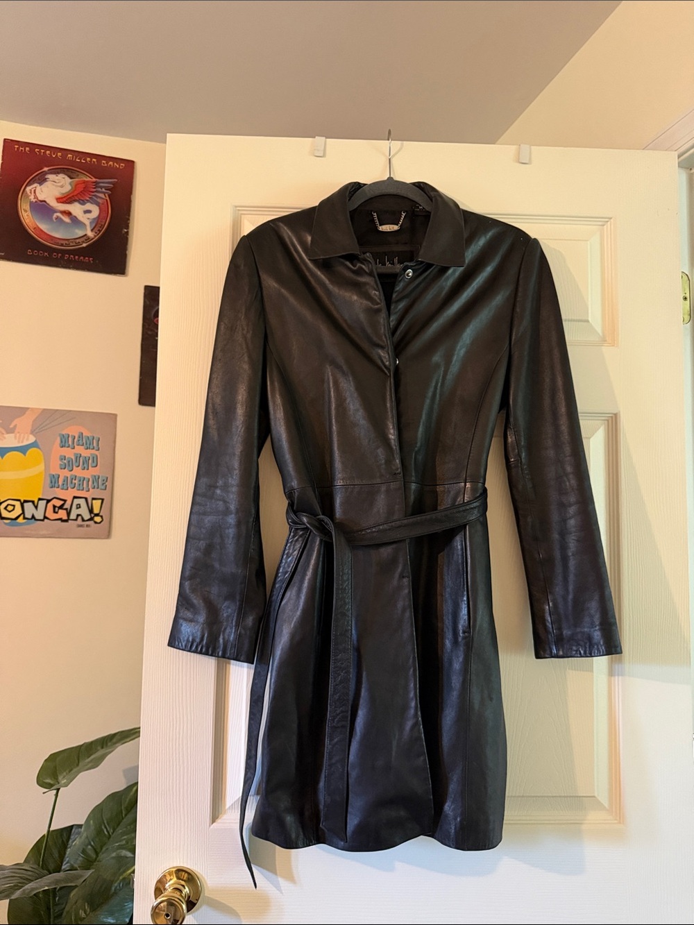Nicole Miller Black Leather Belted Trench Coat